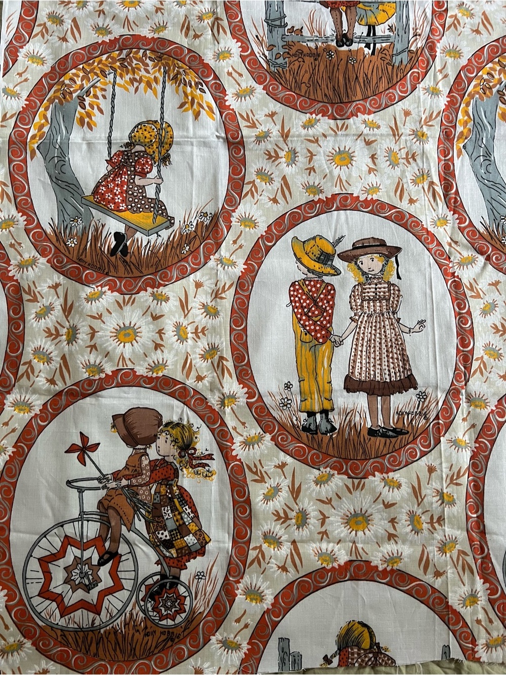 Vintage Holly Hobbie Children Illustration Cotton Panel in Orange, Yellow, Brown